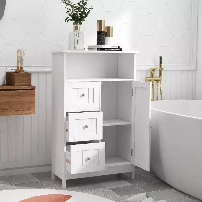 Bathroom Single Door Cabinet With 3 Drawers, Multi-functional Wooden Storage Cabinet For Bathroom Kitchen Living Room Hallway Apartment White