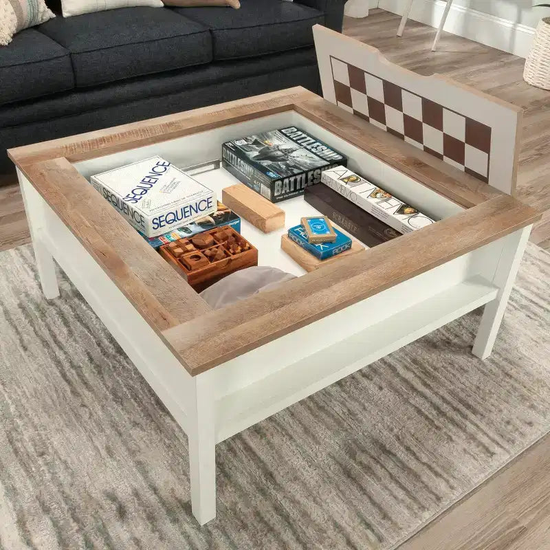 Table basse carrée moderne GDFStudio Fairview avec plateau de jeu et rangement caché