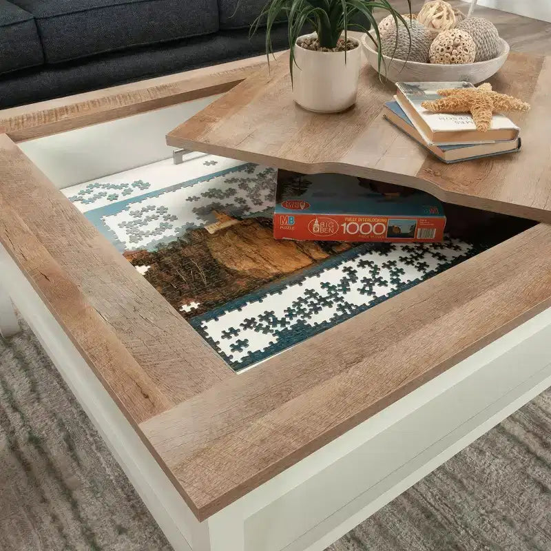 Table basse carrée moderne GDFStudio Fairview avec plateau de jeu et rangement caché