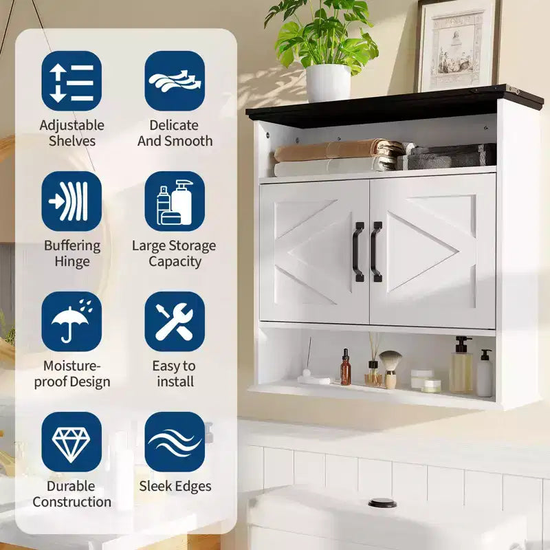 Bathroom Wall Cabinet Over The Toilet Storage with Barn Doors & 2 Drawers, Adjustable Shelves Farmhouse Bathroom Organizer