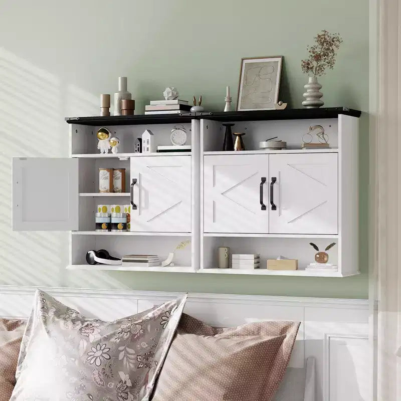 Bathroom Wall Cabinet Over The Toilet Storage with Barn Doors & 2 Drawers, Adjustable Shelves Farmhouse Bathroom Organizer