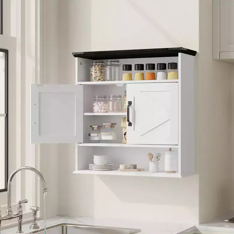 Bathroom Wall Cabinet Over The Toilet Storage with Barn Doors & 2 Drawers, Adjustable Shelves Farmhouse Bathroom Organizer