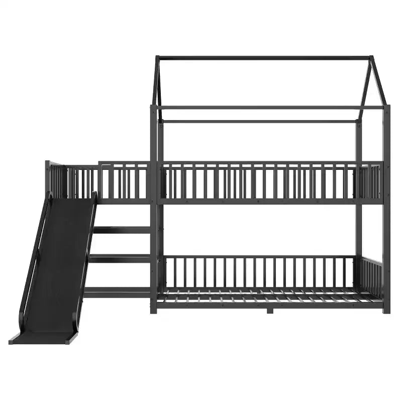 Lit superposé maison en métal double/complet avec escalier de rangement, toboggan et barrières de sécurité, Noir - ModernLuxe