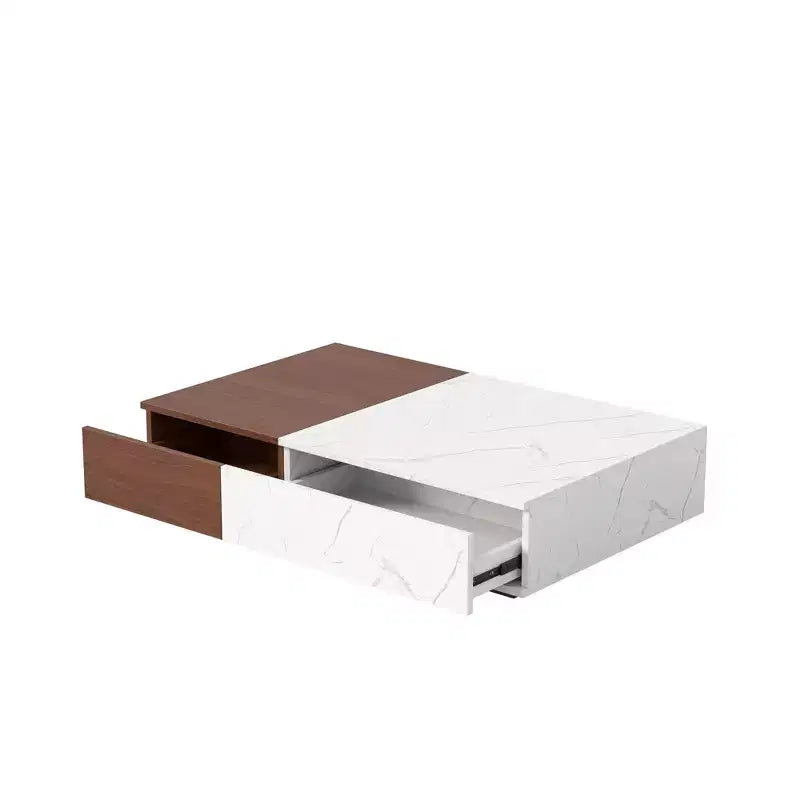 Table basse basse TUYOHW bicolore avec rangement, table basse à 2 tiroirs pour salon, table basse rectangulaire avec motif marbre