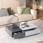 Table basse basse TUYOHW bicolore avec rangement, table basse à 2 tiroirs pour salon, table basse rectangulaire avec motif marbre
