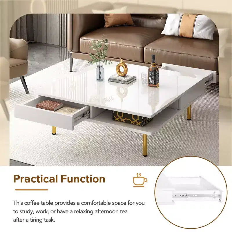 TUYOHW Exquisite Coffee Table with Drawers,2-Tie Wooden Center Table for Home Decor,Living Room Cocktail Table with High Gloss Top,110lbs Max,White