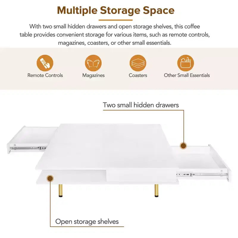 TUYOHW Exquisite Coffee Table with Drawers,2-Tie Wooden Center Table for Home Decor,Living Room Cocktail Table with High Gloss Top,110lbs Max,White