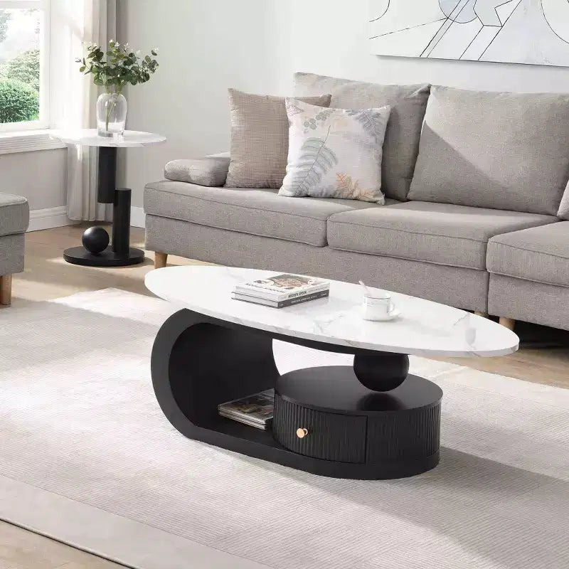 TUYOHW Modern Nesting Coffee Table Set of 2,Oval Coffee Table for Living Room,Round End Table Set with Drawer,Storage Cocktail Table,Black/White