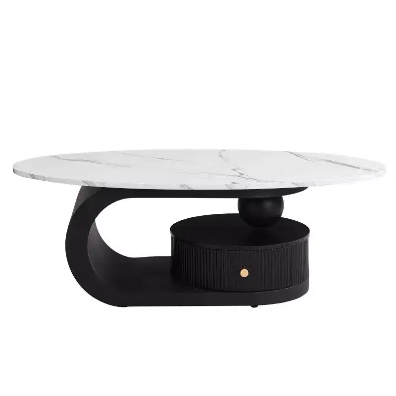 TUYOHW Modern Nesting Coffee Table Set of 2,Oval Coffee Table for Living Room,Round End Table Set with Drawer,Storage Cocktail Table,Black/White