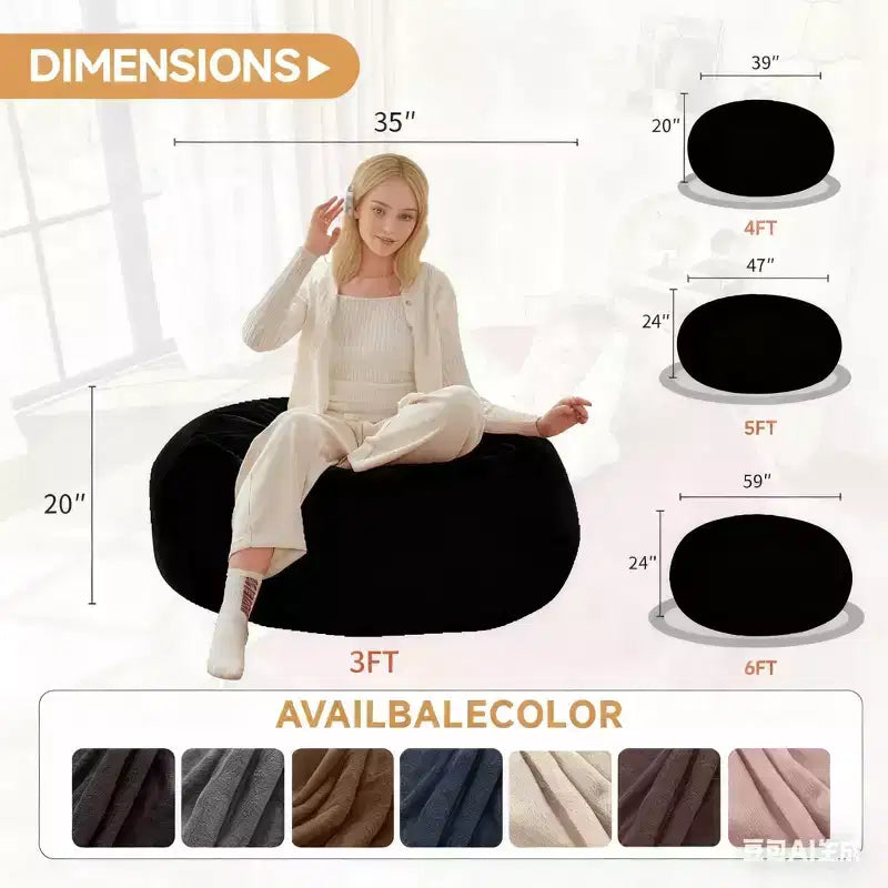 Okak Grand pouf géant avec mousse à mémoire de forme, fauteuil de sol avec housse en flanelle, pouf de jeu pour adultes pour salon, noir