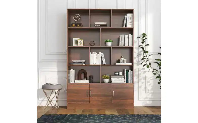 TUYOHW 4-Tier Tall Bookshelves with 10 Cubes and 3 Doors,Open Shelf Bookshelf with Storage Cabinet,Wood Bookcases for Living Room,Office