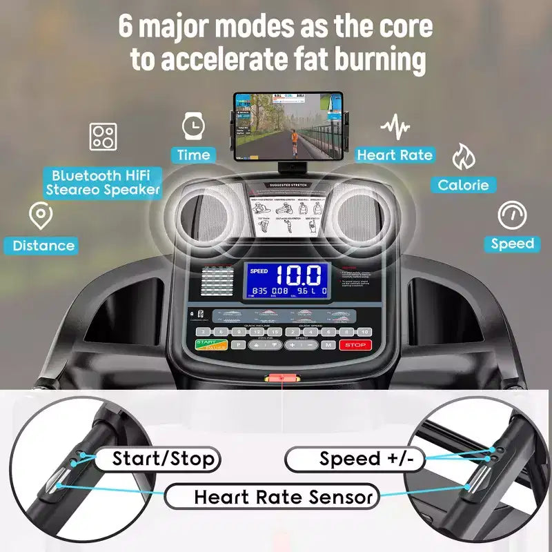 Tapis de course pliable avec inclinaison automatique, capacité de 136 kg, vitesse de 5 CV et 19 km/h, contrôle via application intelligente, 64+3+3+1 programmes, équipement pour la course à pied, la marche et le jogging