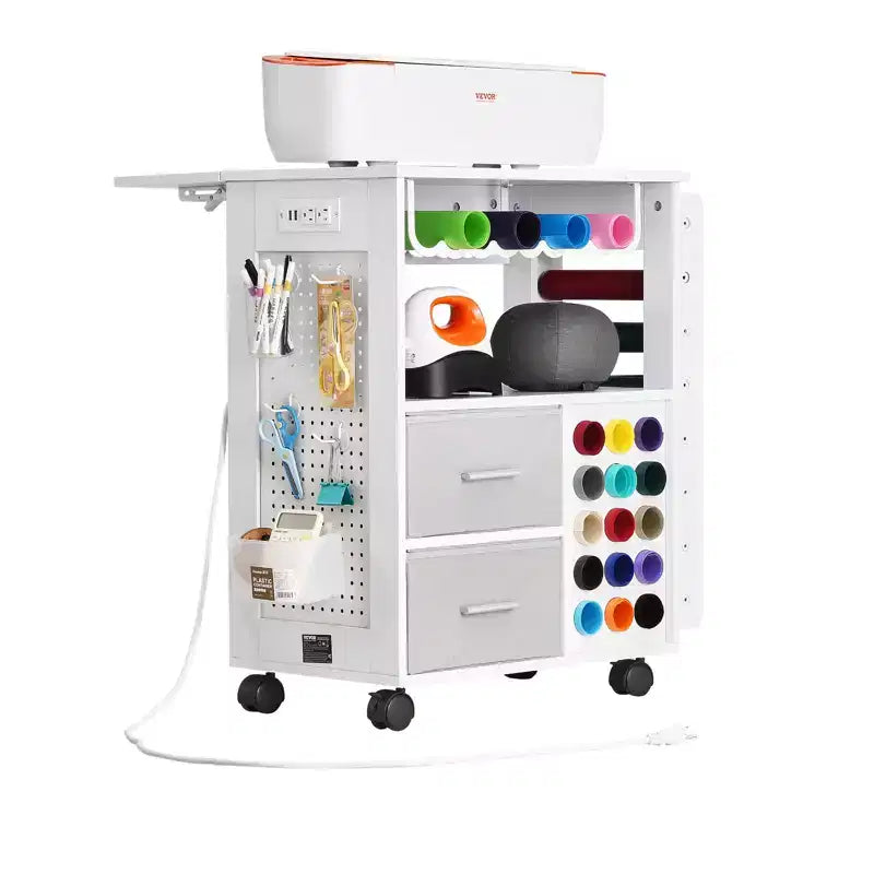 VEVOR Rolling Craft Cart and Storage Table, Compatible with Cricut Machines,Crafting Table Organization Workstation with 2USB Ports and Outlets,White