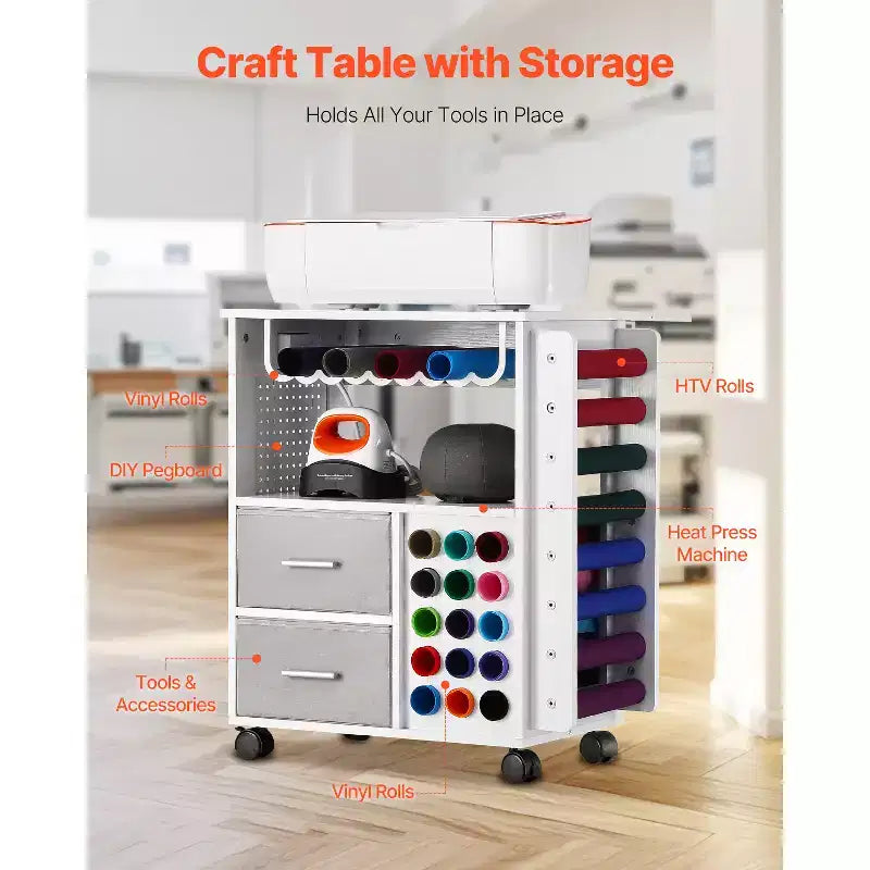 VEVOR Rolling Craft Cart and Storage Table, Compatible with Cricut Machines,Crafting Table Organization Workstation with 2USB Ports and Outlets,White