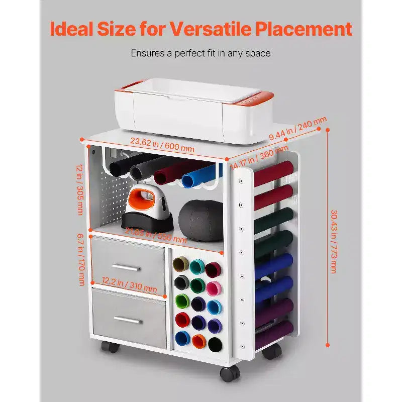 VEVOR Rolling Craft Cart and Storage Table, Compatible with Cricut Machines,Crafting Table Organization Workstation with 2USB Ports and Outlets,White