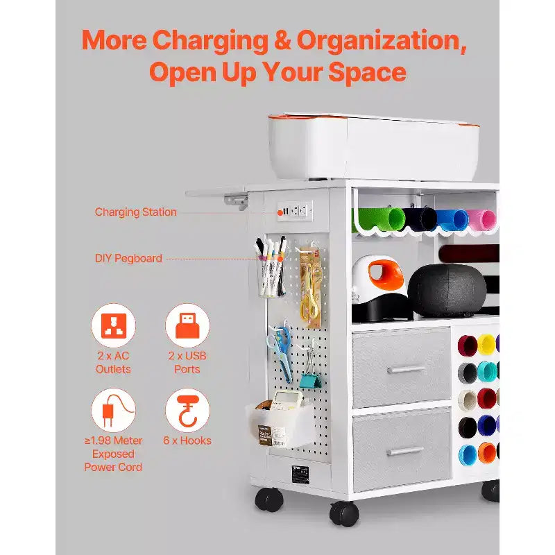 VEVOR Rolling Craft Cart and Storage Table, Compatible with Cricut Machines,Crafting Table Organization Workstation with 2USB Ports and Outlets,White