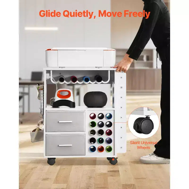 VEVOR Rolling Craft Cart and Storage Table, Compatible with Cricut Machines,Crafting Table Organization Workstation with 2USB Ports and Outlets,White
