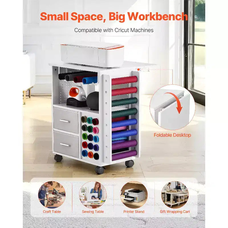VEVOR Rolling Craft Cart and Storage Table, Compatible with Cricut Machines,Crafting Table Organization Workstation with 2USB Ports and Outlets,White