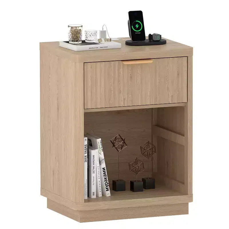 Fluted Farmhouse Night Stand, Nightstand w/Charging Station & Drawers, Modern Mid Century Bedside Table w/Metal Handle for Bedroom Office