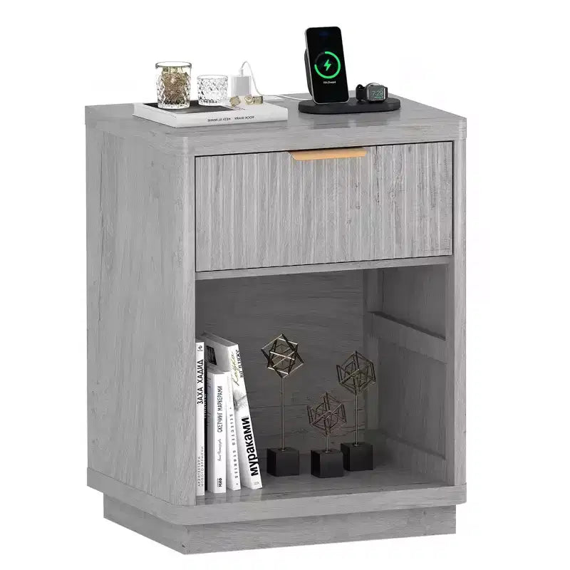 Fluted Farmhouse Night Stand, Nightstand w/Charging Station & Drawers, Modern Mid Century Bedside Table w/Metal Handle for Bedroom Office