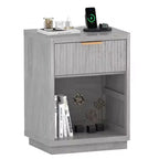Fluted Farmhouse Night Stand, Nightstand w/Charging Station & Drawers, Modern Mid Century Bedside Table w/Metal Handle for Bedroom Office