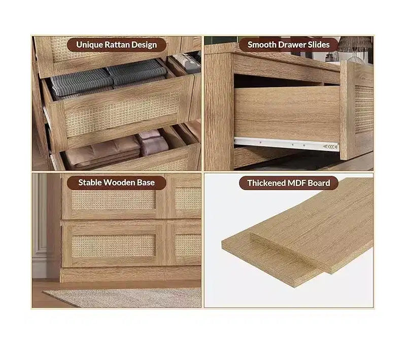 Rattan Dresser for Bedroom, Modern 8 Drawer Wooden Dresser Chest, Wide Wood Beside Table for Closet, Nursery, Living Room and Entryway