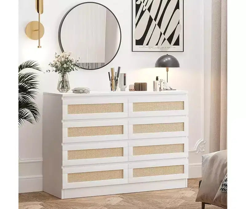 Rattan Dresser for Bedroom, Modern 8 Drawer Wooden Dresser Chest, Wide Wood Beside Table for Closet, Nursery, Living Room and Entryway