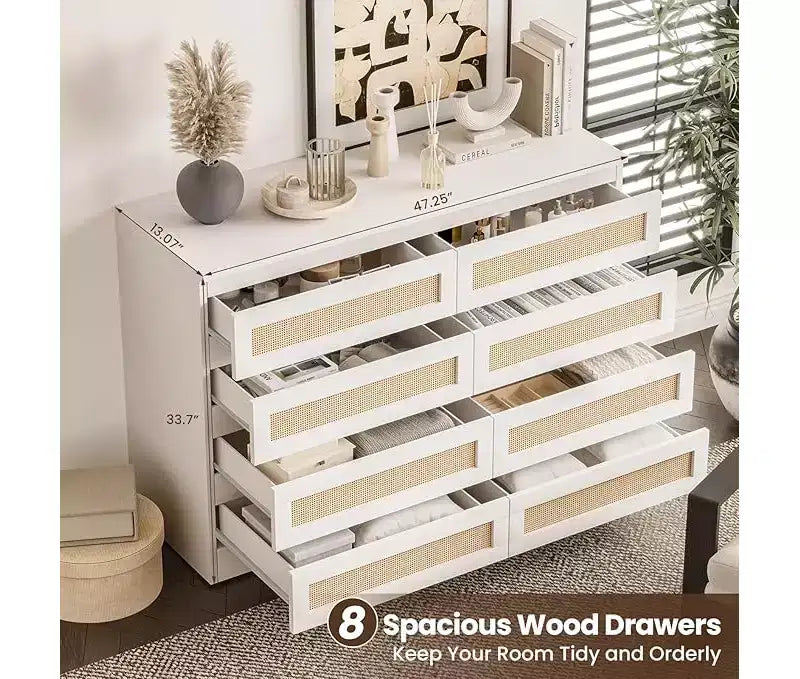 Rattan Dresser for Bedroom, Modern 8 Drawer Wooden Dresser Chest, Wide Wood Beside Table for Closet, Nursery, Living Room and Entryway