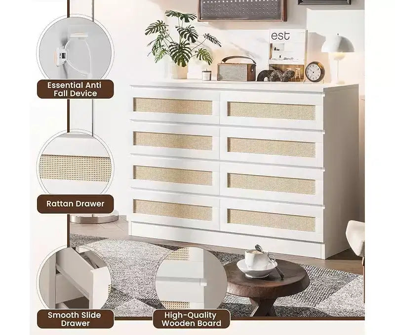 Rattan Dresser for Bedroom, Modern 8 Drawer Wooden Dresser Chest, Wide Wood Beside Table for Closet, Nursery, Living Room and Entryway