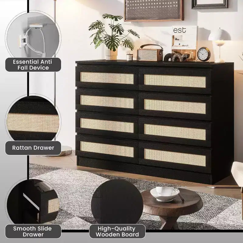 Rattan Dresser for Bedroom, Modern 8 Drawer Wooden Dresser Chest, Wide Wood Beside Table for Closet, Nursery, Living Room and Entryway
