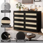 Rattan Dresser for Bedroom, Modern 8 Drawer Wooden Dresser Chest, Wide Wood Beside Table for Closet, Nursery, Living Room and Entryway