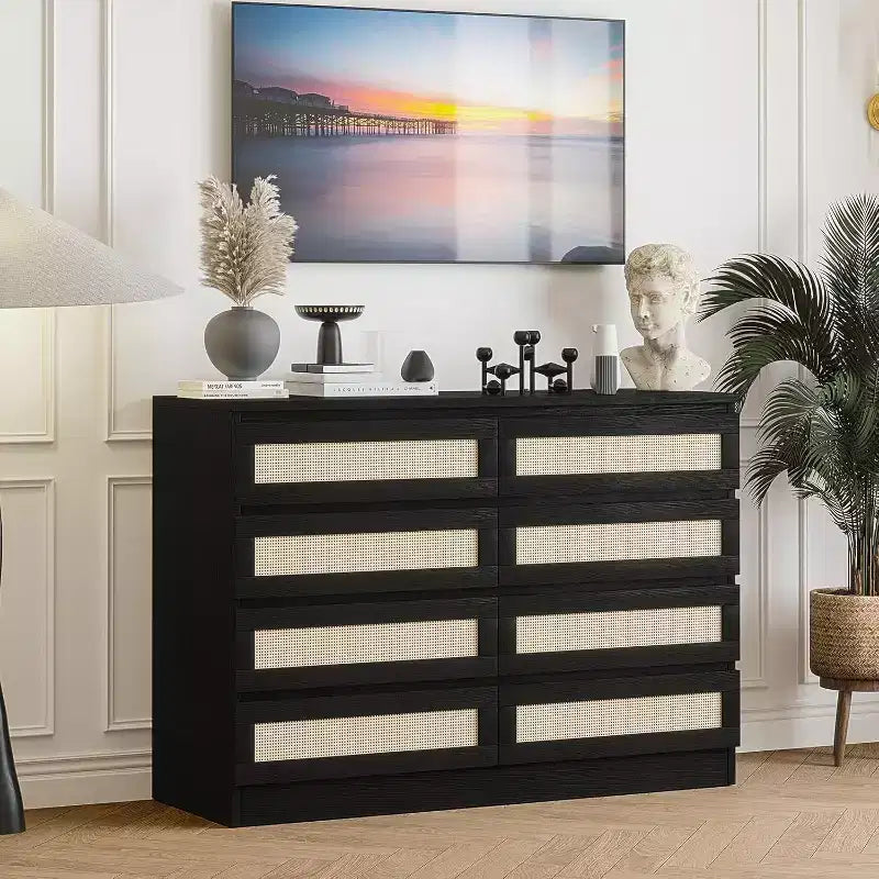 Rattan Dresser for Bedroom, Modern 8 Drawer Wooden Dresser Chest, Wide Wood Beside Table for Closet, Nursery, Living Room and Entryway