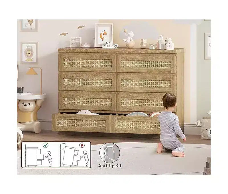 Rattan Dresser for Bedroom, Modern 8 Drawer Wooden Dresser Chest, Wide Wood Beside Table for Closet, Nursery, Living Room and Entryway