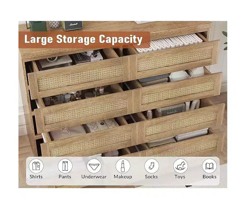 Rattan Dresser for Bedroom, Modern 8 Drawer Wooden Dresser Chest, Wide Wood Beside Table for Closet, Nursery, Living Room and Entryway