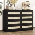 Rattan Dresser for Bedroom, Modern 8 Drawer Wooden Dresser Chest, Wide Wood Beside Table for Closet, Nursery, Living Room and Entryway