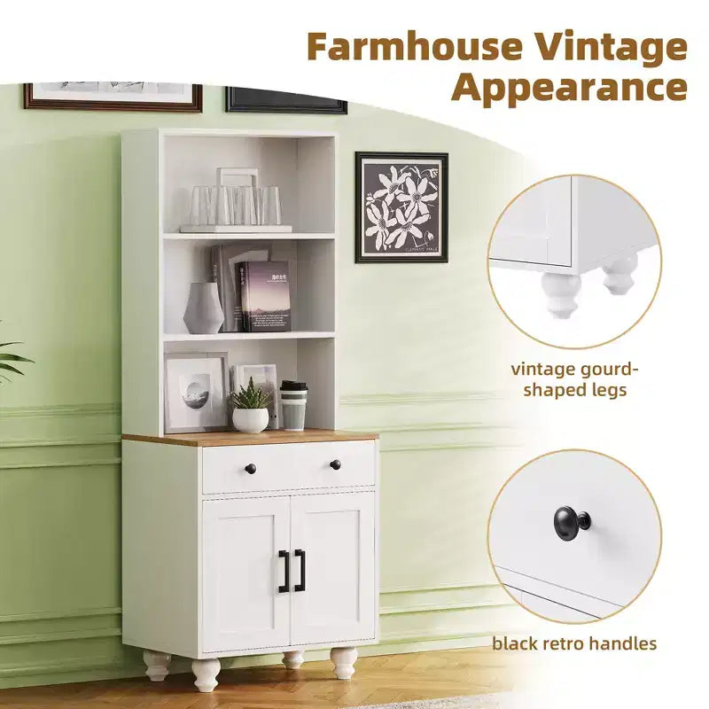 Modern Kitchen Pantry Cabinet with Adjustable Shelves, Drawer & 4 Gourd-Shaped Legs, 5 Tier Farmhouse Storage Bookshelf for Living Room