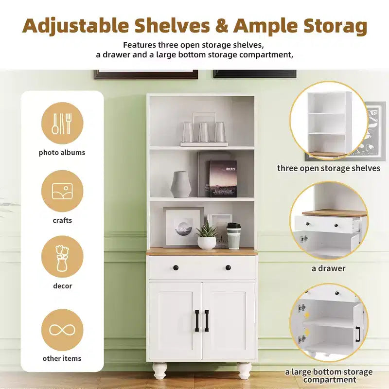 Modern Kitchen Pantry Cabinet with Adjustable Shelves, Drawer & 4 Gourd-Shaped Legs, 5 Tier Farmhouse Storage Bookshelf for Living Room