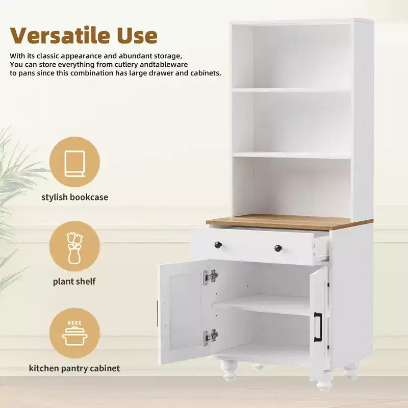 Modern Kitchen Pantry Cabinet with Adjustable Shelves, Drawer & 4 Gourd-Shaped Legs, 5 Tier Farmhouse Storage Bookshelf for Living Room