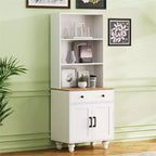 Modern Kitchen Pantry Cabinet with Adjustable Shelves, Drawer & 4 Gourd-Shaped Legs, 5 Tier Farmhouse Storage Bookshelf for Living Room