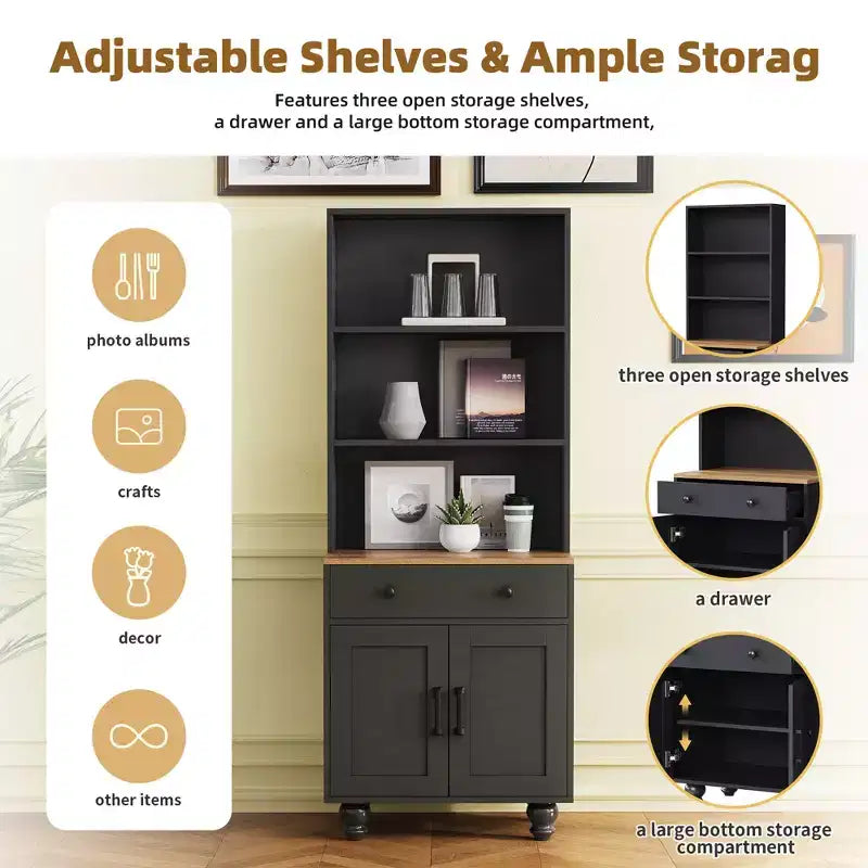 Modern Kitchen Pantry Cabinet with Adjustable Shelves, Drawer & 4 Gourd-Shaped Legs, 5 Tier Farmhouse Storage Bookshelf for Living Room
