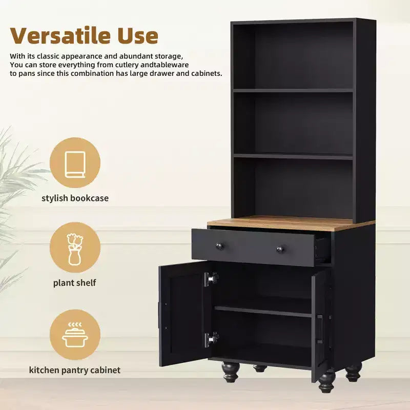 Modern Kitchen Pantry Cabinet with Adjustable Shelves, Drawer & 4 Gourd-Shaped Legs, 5 Tier Farmhouse Storage Bookshelf for Living Room