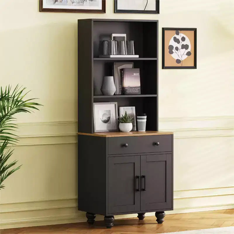 Modern Kitchen Pantry Cabinet with Adjustable Shelves, Drawer & 4 Gourd-Shaped Legs, 5 Tier Farmhouse Storage Bookshelf for Living Room