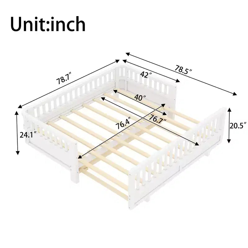 Lit plateforme convertible double/double XL avec barrières de sécurité, transformable en lit double/grand lit, cadre en bois massif - ModernLuxe