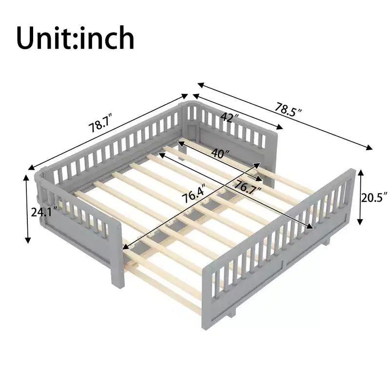 Lit plateforme convertible double/double XL avec barrières de sécurité, transformable en lit double/grand lit, cadre en bois massif - ModernLuxe