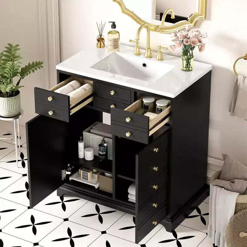 Meuble-lavabo de salle de bain de 30 pouces avec évier, armoire de rangement de salle de bain avec tiroirs et portes à fermeture douce, noir