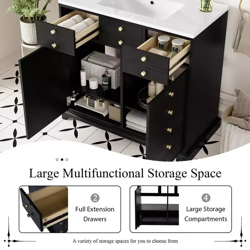 Meuble-lavabo de salle de bain de 30 pouces avec évier, armoire de rangement de salle de bain avec tiroirs et portes à fermeture douce, noir