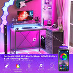 L Shaped Desk with Power Outlets & Led Lights, Computer Desk with Drawers & Shelves, Corner Desk Gaming Desk Home Office Desk, Oak