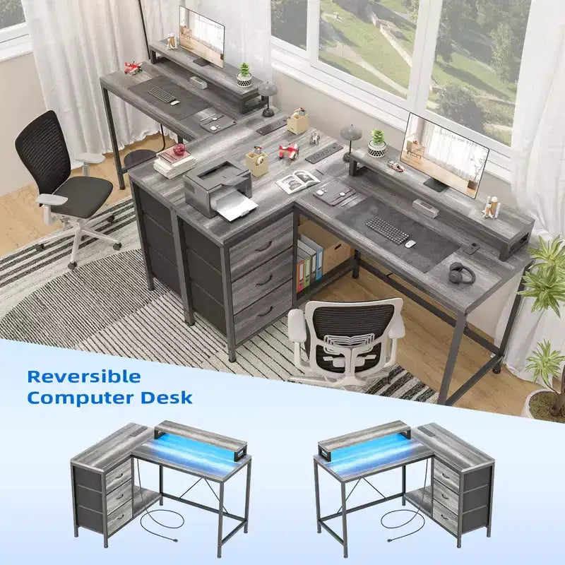 L Shaped Desk with Power Outlets & Led Lights, Computer Desk with Drawers & Shelves, Corner Desk Gaming Desk Home Office Desk, Oak