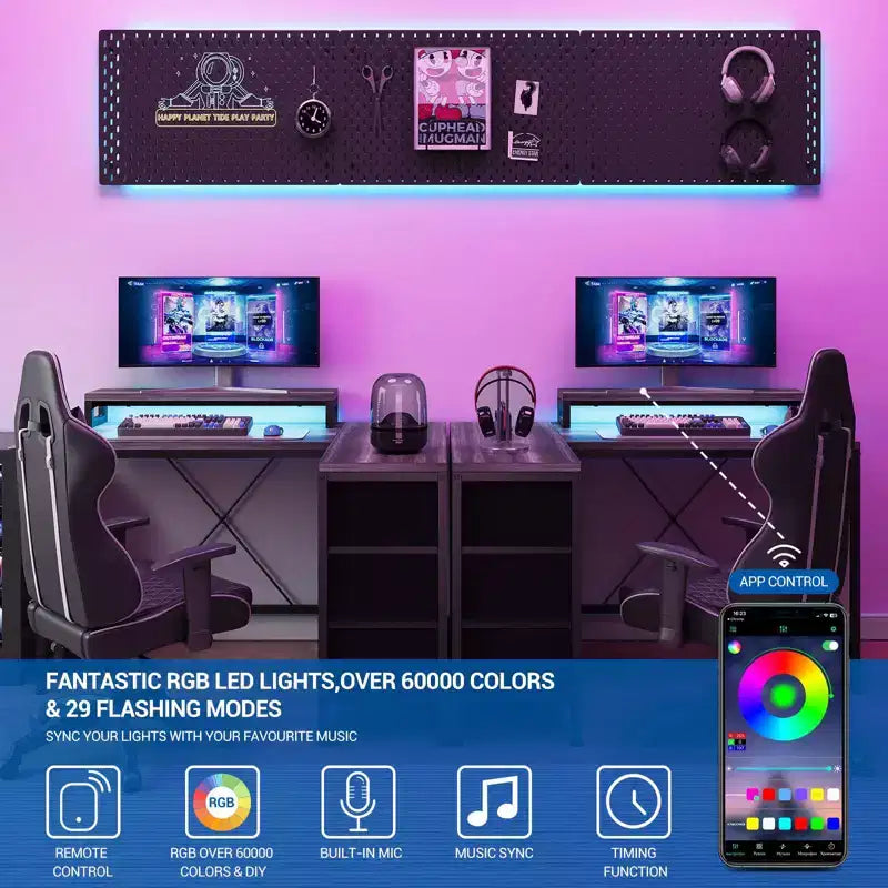 L Shaped Desk with Power Outlets & Led Lights, Computer Desk with Drawers & Shelves, Corner Desk Gaming Desk Home Office Desk, Oak