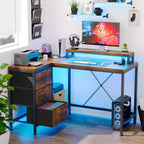 L Shaped Desk with Power Outlets & Led Lights, Computer Desk with Drawers & Shelves, Corner Desk Gaming Desk Home Office Desk, Oak